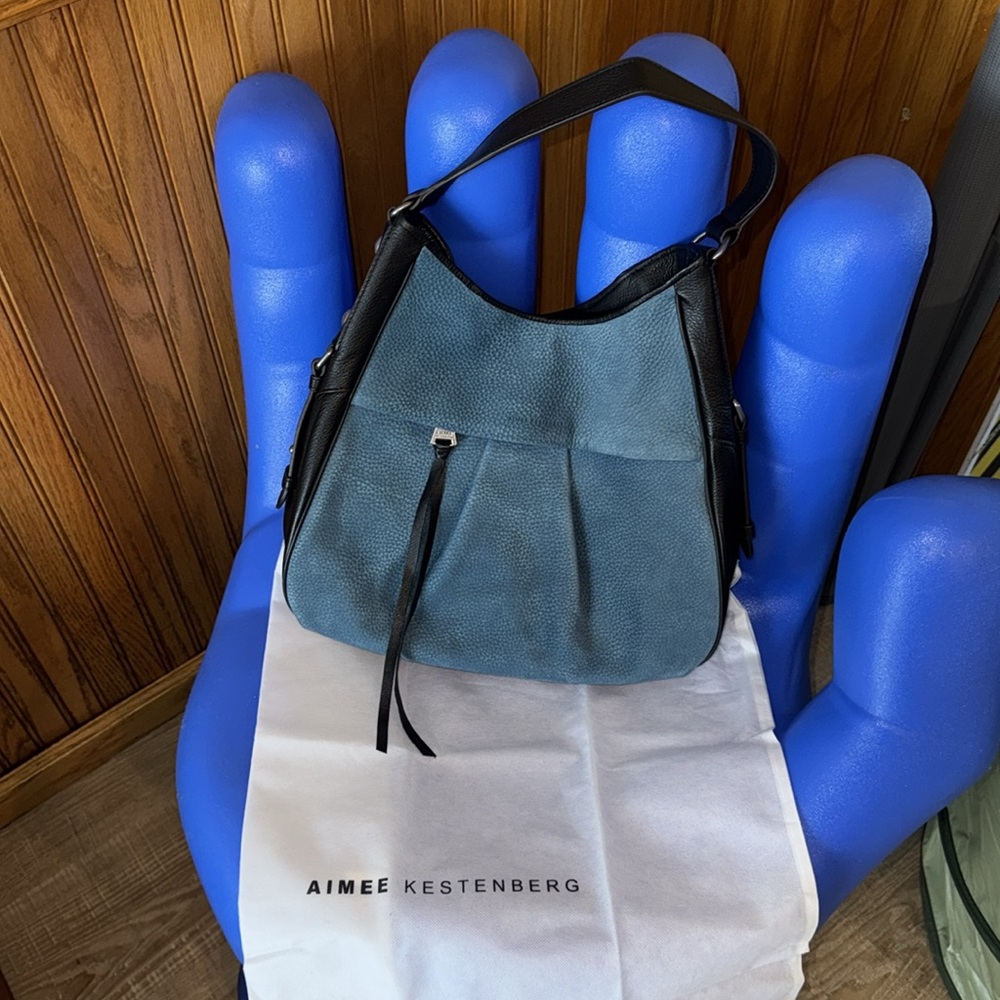 NEW Aimee Kestenberg blue nubuck blk leather shoulder handbag purse bag